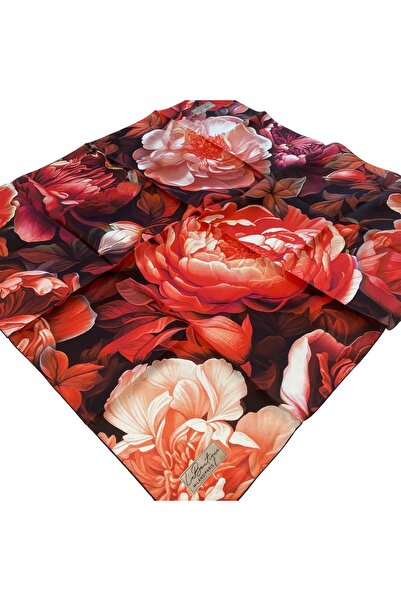 LA BOUTIQUE Tivil Silk Scarf Red Flower Pattern 2555 - 07