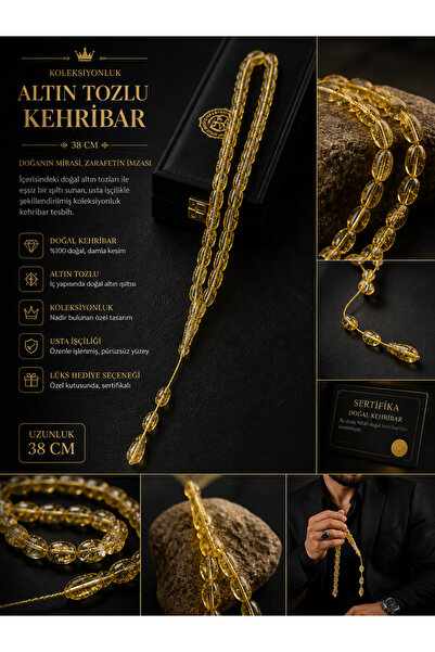 Efe 38 cm Altın Tozlu Kehribar Tesbih – Lüks Koleksiyonluk Damla Kesim Premium