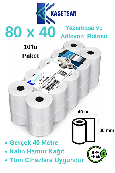 Kasetsan 80x40 Yazarkasa Pos Rulosu 10'lu Paket Termal Adisyon Kağıdı