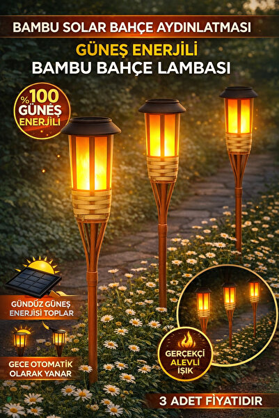 Saule Gerçek Bambu Bahçe Aydınlatma Su Geçirmez Solar Bahçe Lambası Alev Efek...