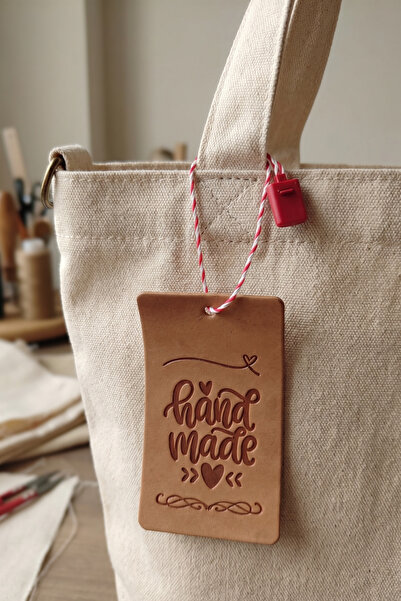 ButikEtiket Handmade Yazılı Sıcak Baskı Deri Ürün Etiketi 5 Adet - 4x7 cm + 5...
