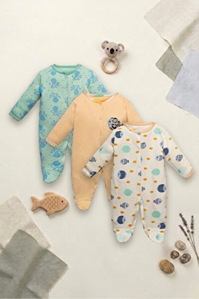 Mielco %100 Pamuk Unisex Bebek 3'lü Patikli Tulum Seti Balık Desenli