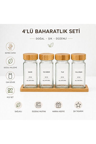 arev 4’lü Bambu Kapaklı Cam Baharatlık Seti Standlı Şık Mutfak Kavanoz Seti