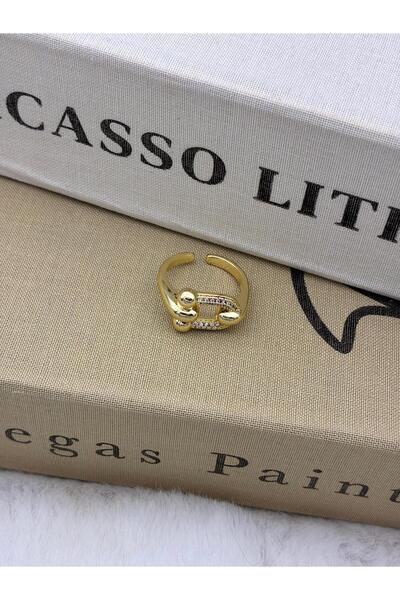 Hedef Bijuteri Gold Color Zircon Stone Tfny Lock Model Adjustable Brass Ring T1