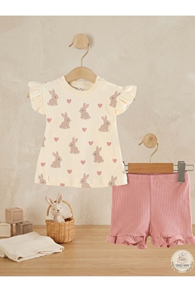 Babexi Baby Rabbit Patterned Ruffled Ribbed Set - 2-Piece Summer Set