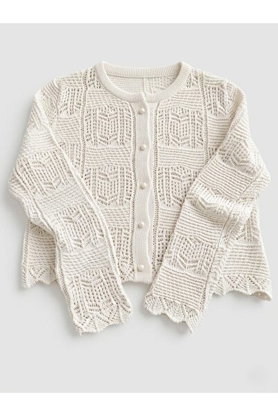 SUN STYLE Women's Ecru Openwork Knitted Cardigan - Button Detailed Perforated...