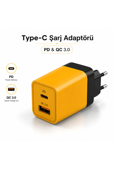 xzemzer Şarj Adaptörü PD QC 3.0 Çift Girişli USB-A ve Type-C Çıkışlı