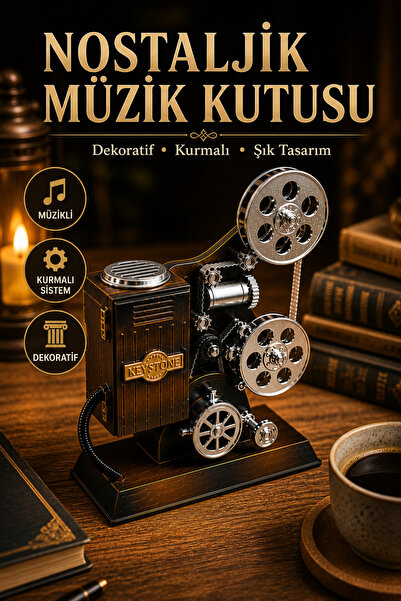 OpenCity Nostaljik Film Makinesi Müzik Kutusu Kurmalı Dekoratif Retro Masa Üs...