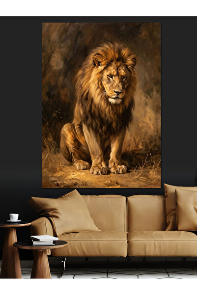 Artmeg Adult Lion Sitting in Earth Tones Decorative Canvas - Mdf Wood Tabletop
