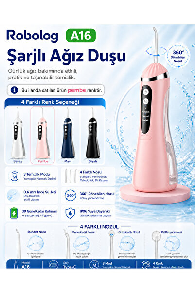 ROBOLOG Ağız Duşu Premium Şarj Edilebilir 4 Başlıklı Taşınabilir Diş Protez A...