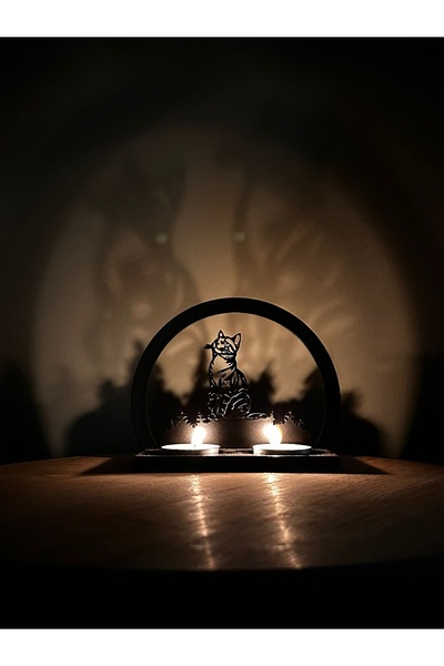Stainless Art Siyah Mat Masa Üstü Duvara Gölge Yansımalı Kedi Desenli Mumluk Şık