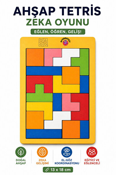 OYUNKAFASI Ahşap Tetris Zeka Oyunu Renkli Blok Puzzle Eğitici Oyuncak 13x18 c...