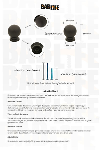 bablife Küçük Misket Düğme Siyah 22mm Çapında Çekmece Dolap Mobilya Kulpları