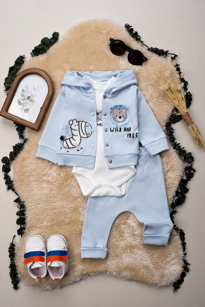 Hopy Kids 1049 Giraffe & Bear Embroidered Baby Boy 3-Piece Set 100% Cotton Co...