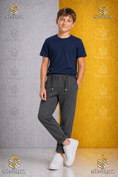 SİNREZ Boys' Plain Trousers 6.Mdl Elastic Waist Lycra Folded Leg Style