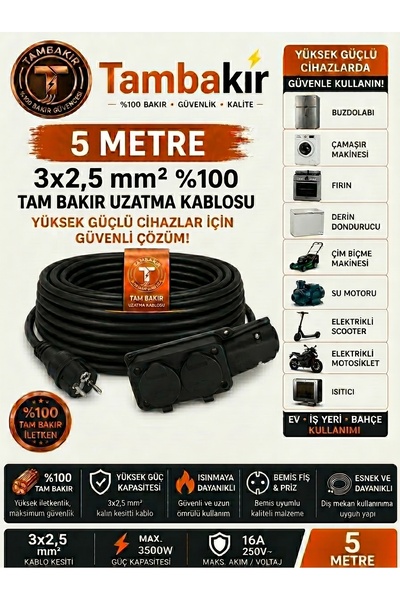 r Rosso Levanto Klima İçin Uzatma Kablosu - 5 m, 2'li Grup Priz ve Fiş, 3x2,5...