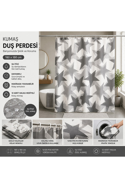 generi Yıldız Desenli Kumaş Duş Perdesi – Su İtici %100 Polyester