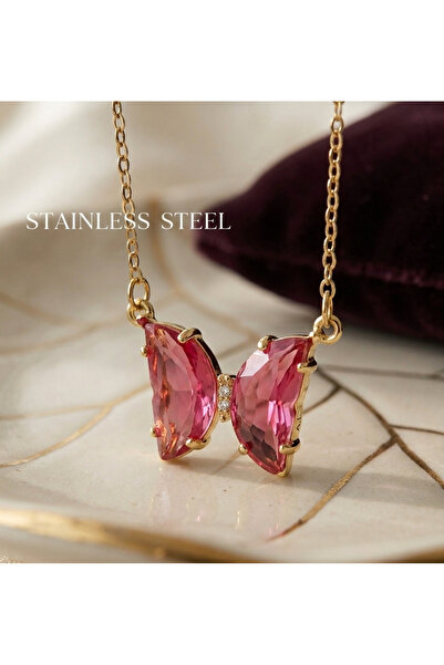stainless steell سلسلة ذهبية اللون مع نموذج فراشة من الحجر الوردي، قلادة من ا...