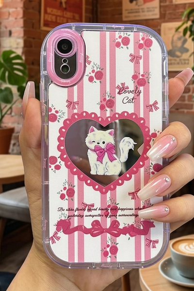 Nezih Case iPhone XR Uyumlu Premium Pembe Kedi ve Fiyonk Desenli Aynalı Tasar...