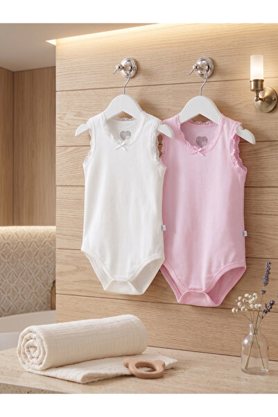 Caramell Kız Bebek 2'li Pembe Beyaz Dantel Detaylı %95 Pamuklu Çıtçıtlı Body ...