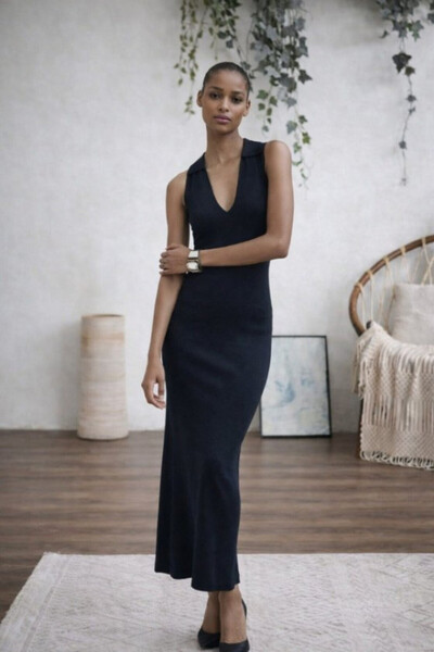 Efnaz style Women's Sleeveless V-Neck Long Knit Dress