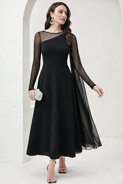 Efnaz style Women's Long Sleeve Semi-Turtleneck Tulle Detailed Long Sandy Dress