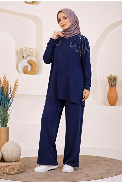 HİRA LİFE FASHİON Women's Stoned Shoulder and Cuffed Sleeve Tunic-Pants Two-P...