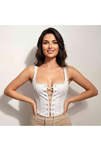 Orvelia Bağcıklı Beyaz Kontrast Dikişli Korse Büstiyer Alba Bağcıklı Beyaz Ko...