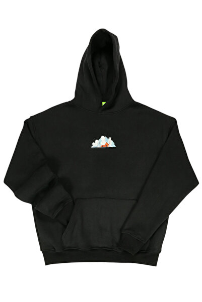 Hoodie Dağ Evi Nakışlı %100 Pamuk 3 İplik Sweatshirt