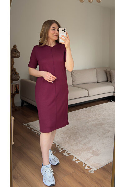 Parla Butik Bordo Basic Kısa Kol Diz Altı Rahat Kesim Günlük Elbise
