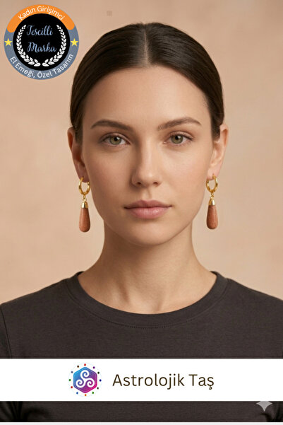 astro stone Gold Steel Hoop Earrings with Sunstone - Dangle Earrings with Nat...