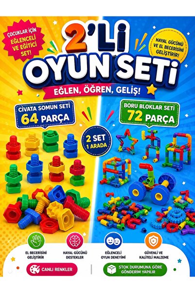 SAZE 2’li Eğitici Oyuncak Seti – 64 Parça Civata Somun Seti & 72 Parça Boru B...