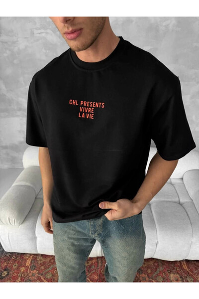 Efnaz style Front and Back Printed Oversized Crew Neck T-Shirt - Black