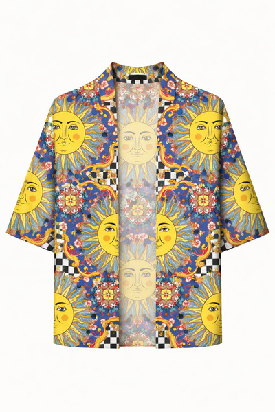 Vatkalimon Kadın Erkek Güneş Desenli %100 Pamuk Viskon Kimono