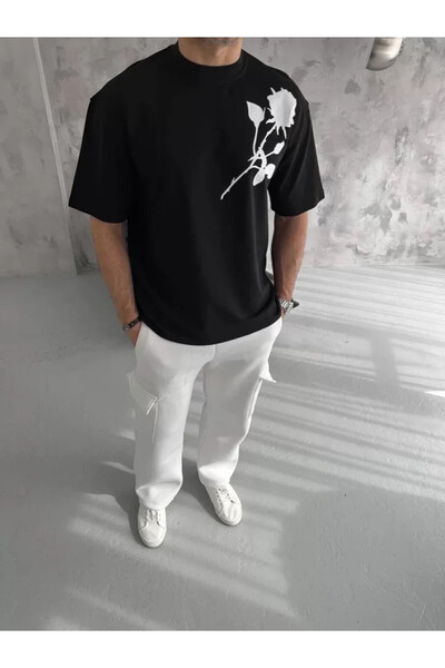 Efnaz style Unisex Crew Neck Printed Oversize T-Shirt - Black