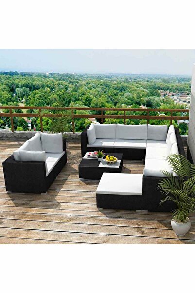 vidaxl Set mobilier de gradina cu perne, 10 piese, negru, poliratan