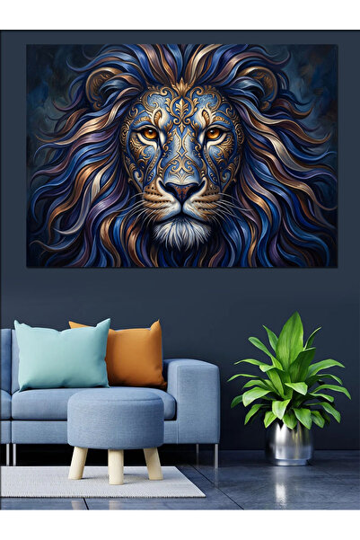 Artmeg Portretul Leului Albastru Pânză Decorativă Abstractă - Tablou din Lemn...