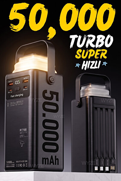 Wyze 50.000 mAh 22,5W/PD Hızlı Şarj Kendinden Kablolu ve Şarj Göstergeli Taşı...