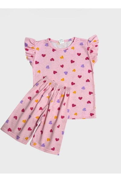 ALİŞ KİDS Girls Cotton Pink Heart Patterned Ruffled Sleeves Short Sleeve Shorts Summer Pajama Set