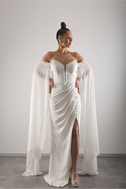 Mialora Beaded Embroidered Slit Evening Dress with Cape Sleeves, Wedding, Eng...