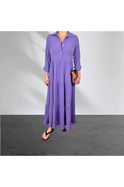 ABAS Lilac Half-Buttoned and Long-Sleeved Skirt with Ruffles Self-Line Textur...