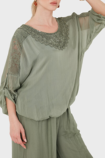 Via Dante Guipure Detailed Silk Blend Casual Blouse Bluz 690274