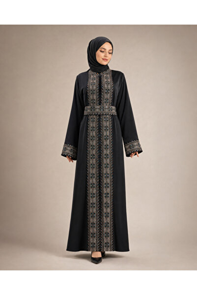 Sahra Abaya Nakış İşlemeli Kuşaklı İçlikli Tesettür Abaya