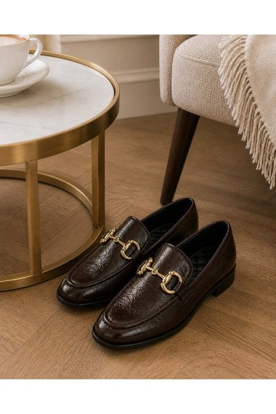 AYAKCİTY Mona Guaranteed Metal Buckle Leather Women's Loafer Casual Shoes