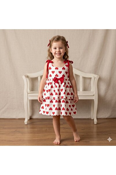 Erca Home Tekstil Ürünleri Heart Printed Bow Dress 3Y,4Y,5Y,6Y Girl