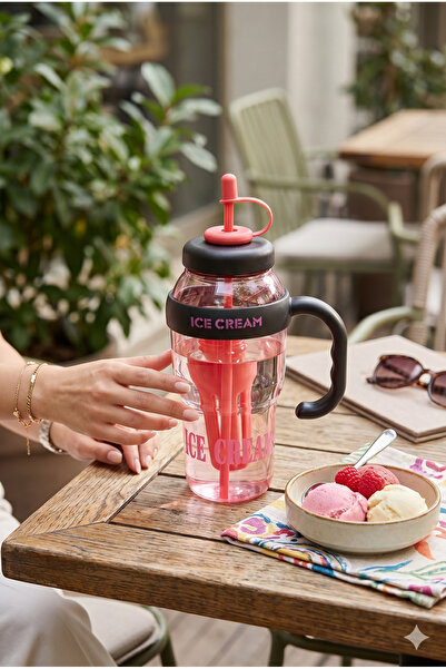 Homerest 1 Liter Water Bottle with Handle and Straw, Pink Ice Cream Written T...