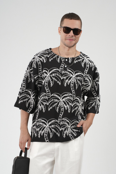 Butik Trend Biz Oversize Palm Pattern Embroidered T-Shirt