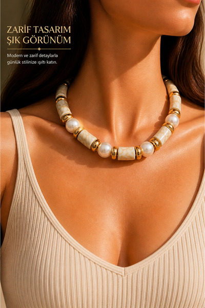 synshop Ecru Cream Bone Bead Necklace Vip Pearl Detailed Gold Color Chain Zar...
