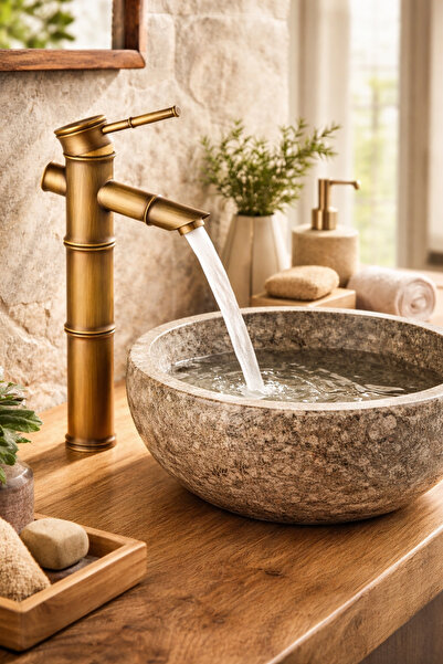 KCA Eskitme Bambu Çanak Lavabo Bataryası – Çanak Lavabo Uyumlu Antik Gold Pirinç Musluk