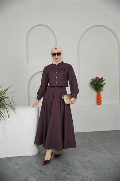 Neşeli Butik Women's Burgundy Bow Accessory Button Detailed Skirted Hijab Set...